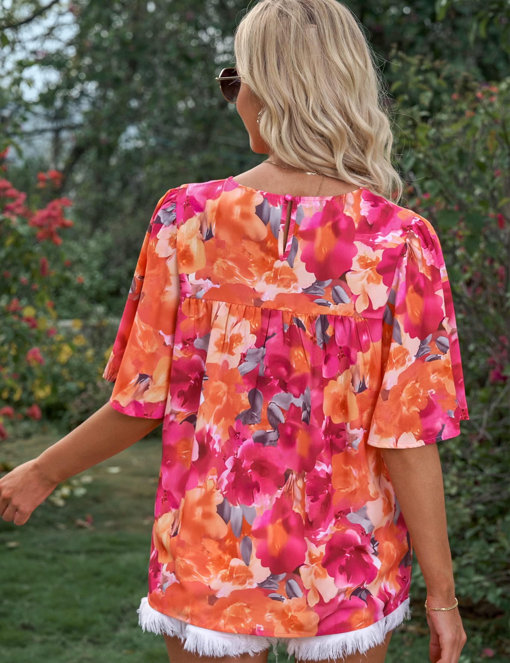 luvamia Bell Sleeve Blouses for Women Casual Floral Boho Babydoll Womens Blouses and Tops Dressy Work Tops for Women Floral Shirts for Women Orange Pink Floral Size XX-Large Fits Size 20 Size 22