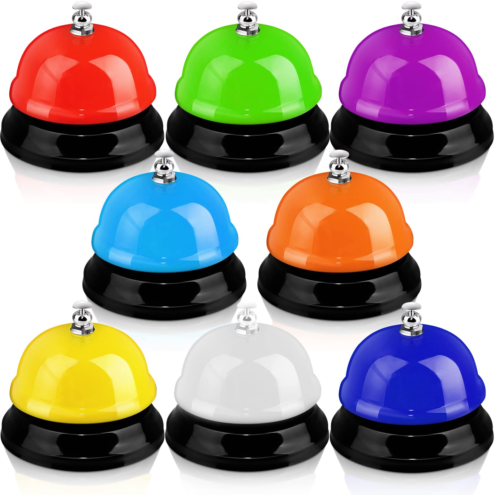 Hicarer 8 Pcs Game Call Bell Colorful Desk Bell Metal Ring Bell 3 Inch Diameter Hand Bells Bulk for Adults Service Bell for Desk Hotel Restaurant Office School Kitchen Bar Counter Supplies