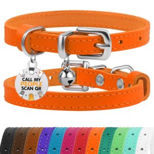 bronzedog leather cat collar with bell non breakaway kitten qr tag for girl boy (7" - 9" for cats, orange & silver)