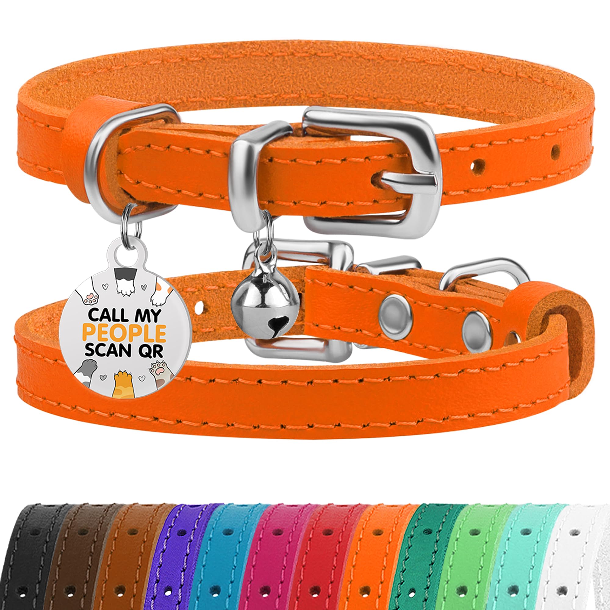 BRONZEDOG Leather Cat Collar with Bell Non Breakaway Kitten QR Tag for Girl Boy (7" - 9" for Cats, Orange & Silver)