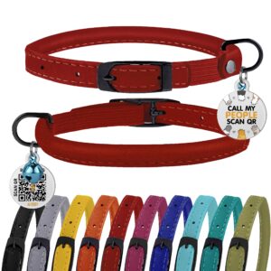 bronzedog cat collar with bell kitten rolled leather collars safety qr id name tag (red)