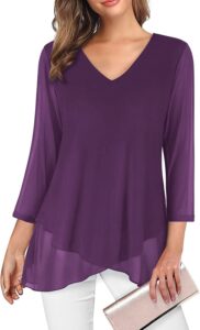 sese code womens tunic tops, 3/4 sleeve shirt dressy casual blouse for wedding flattering top to hide tummy semi formal ladies dress shirts elegant purple large