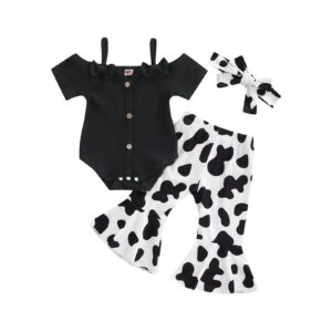 Lefyira Cow Print Bell Bottoms Baby Girl Off Shoulder Short Sleeve Romper Rib Knit Button Bodysuit Flare Pants Headband Outfit (Black, 18-24 Months)