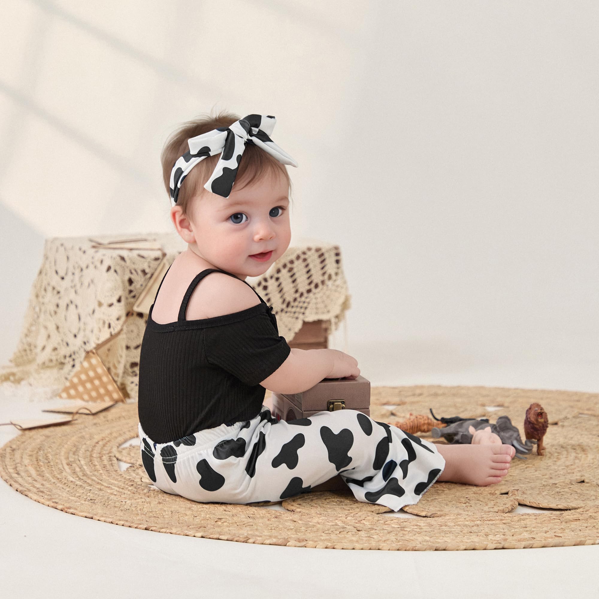 Lefyira Cow Print Bell Bottoms Baby Girl Off Shoulder Short Sleeve Romper Rib Knit Button Bodysuit Flare Pants Headband Outfit (Black, 18-24 Months)