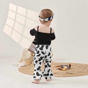 Lefyira Cow Print Bell Bottoms Baby Girl Off Shoulder Short Sleeve Romper Rib Knit Button Bodysuit Flare Pants Headband Outfit (Black, 18-24 Months)