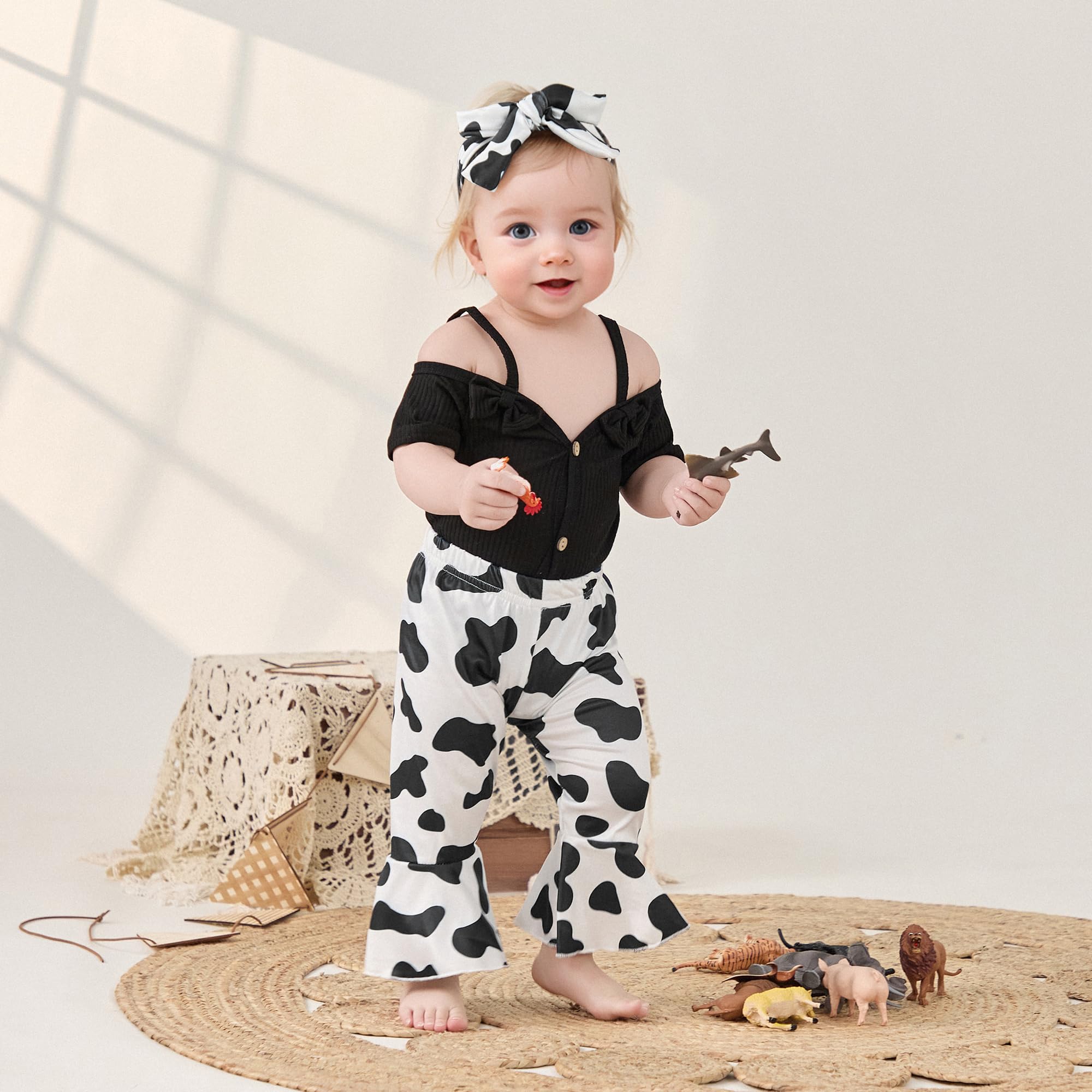 Lefyira Cow Print Bell Bottoms Baby Girl Off Shoulder Short Sleeve Romper Rib Knit Button Bodysuit Flare Pants Headband Outfit (Black, 18-24 Months)