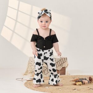 Lefyira Cow Print Bell Bottoms Baby Girl Off Shoulder Short Sleeve Romper Rib Knit Button Bodysuit Flare Pants Headband Outfit (Black, 18-24 Months)