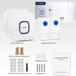 Wireless Doorbell, Coolqiya Door Bell Chimes Kit with 3 Plugin Receivers and 2 Remote Waterproof Push Buttons, Operating Range Up to 1000 Feet, 58 Melodies and 5 Volume Levels, LED Flash, White