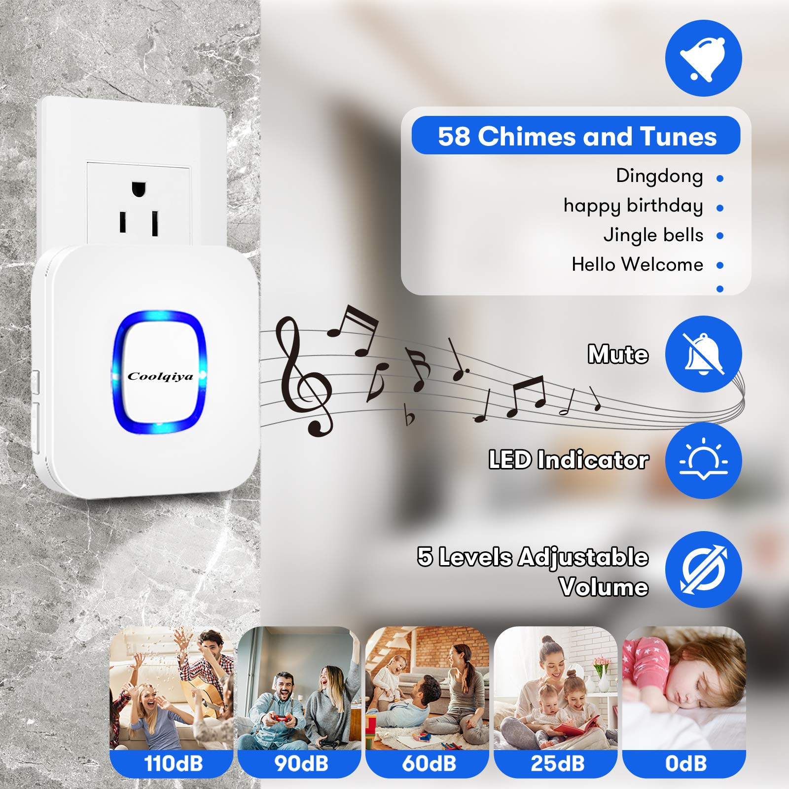 Wireless Doorbell, Coolqiya Door Bell Chimes Kit with 3 Plugin Receivers and 2 Remote Waterproof Push Buttons, Operating Range Up to 1000 Feet, 58 Melodies and 5 Volume Levels, LED Flash, White