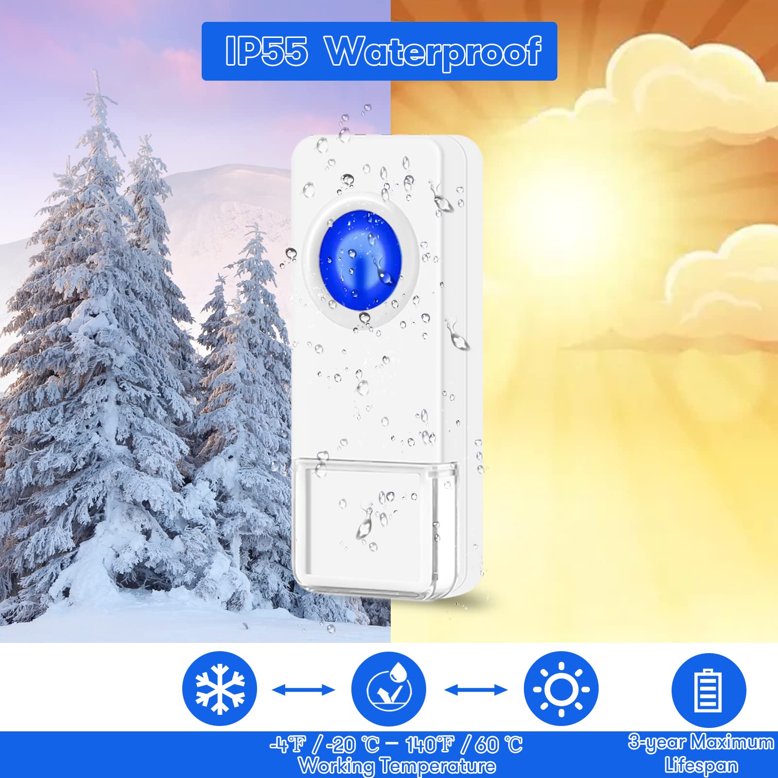 Wireless Doorbell, Coolqiya Door Bell Chimes Kit with 3 Plugin Receivers and 2 Remote Waterproof Push Buttons, Operating Range Up to 1000 Feet, 58 Melodies and 5 Volume Levels, LED Flash, White