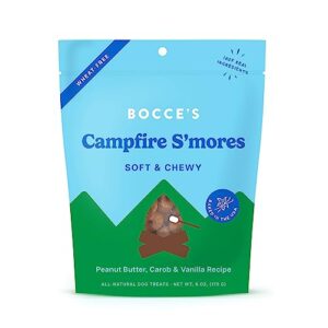 bocce's bakery campfire s'mores treats for dogs, wheat-free everyday dog treats, made with real ingredients, baked in the usa, all-natural soft & chewy cookies, peanut butter, carob, & vanilla, 6 oz