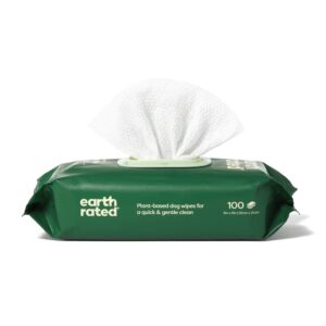 earth rated hypoallergenic dog wipes, cleaning and odor-controlling grooming wipes for paws, body, and butt, perfect for puppy and adult dogs, unscented, 100 count