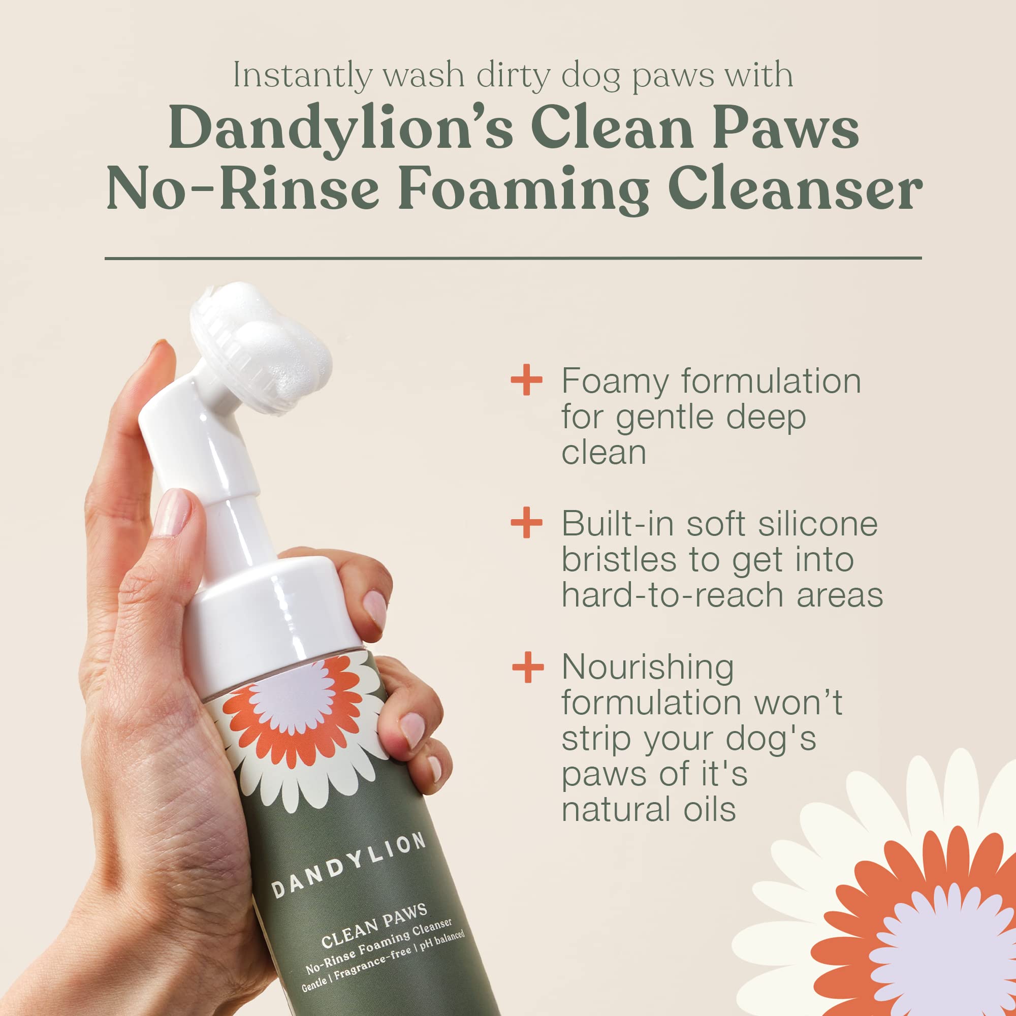 Dandylion Clean Paws | No-Rinse Foaming Cleanser | Gentle, Fragrance-Free, and pH Balanced to Provide a deep Clean Safe for All Dogs | 5fl oz. Bottle with Silicone Bristle Brush