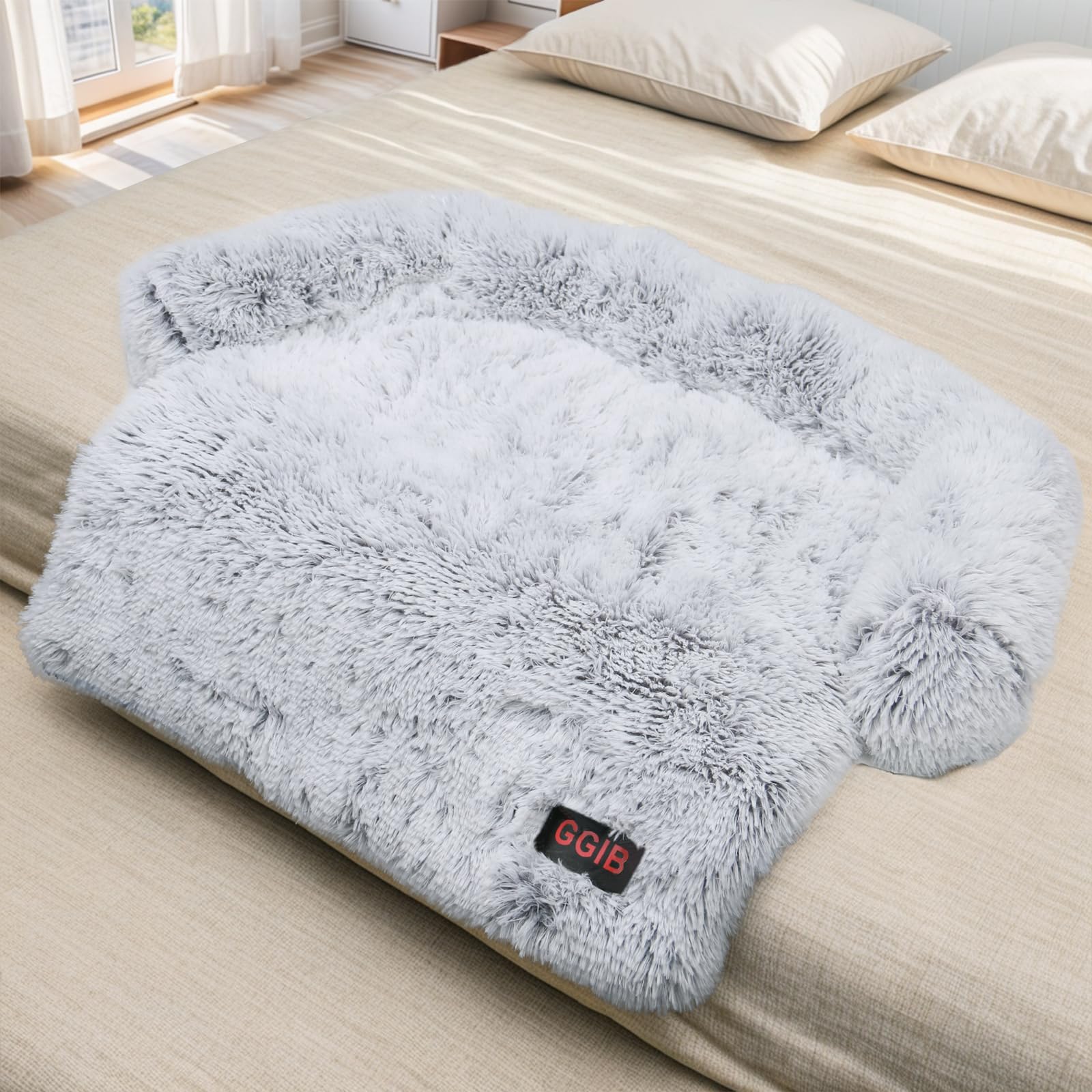 Calming Dog Bed Fluffy Plush Dog Mat for Furniture Protector with Removable Washable Cover for Large Medium Small Dogs and Cats (Large, Light Grey)