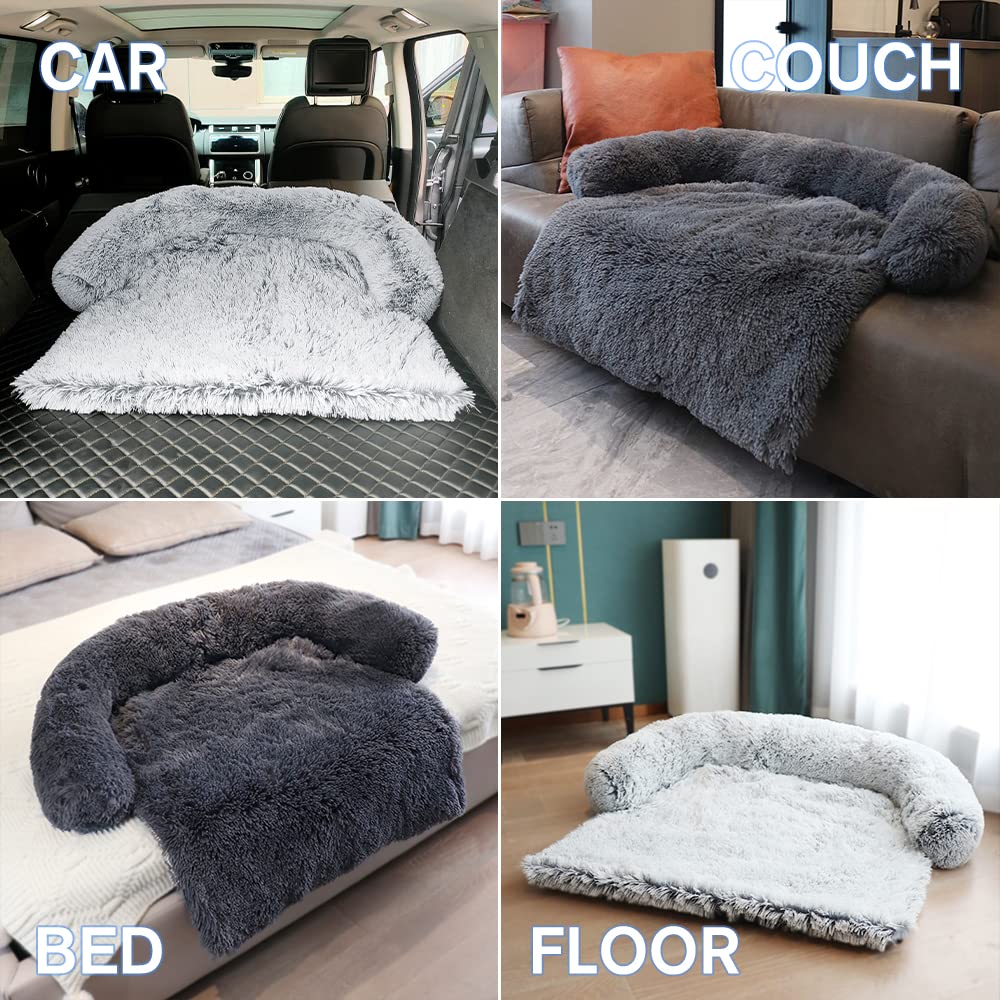 Calming Dog Bed Fluffy Plush Dog Mat for Furniture Protector with Removable Washable Cover for Large Medium Small Dogs and Cats (Large, Light Grey)