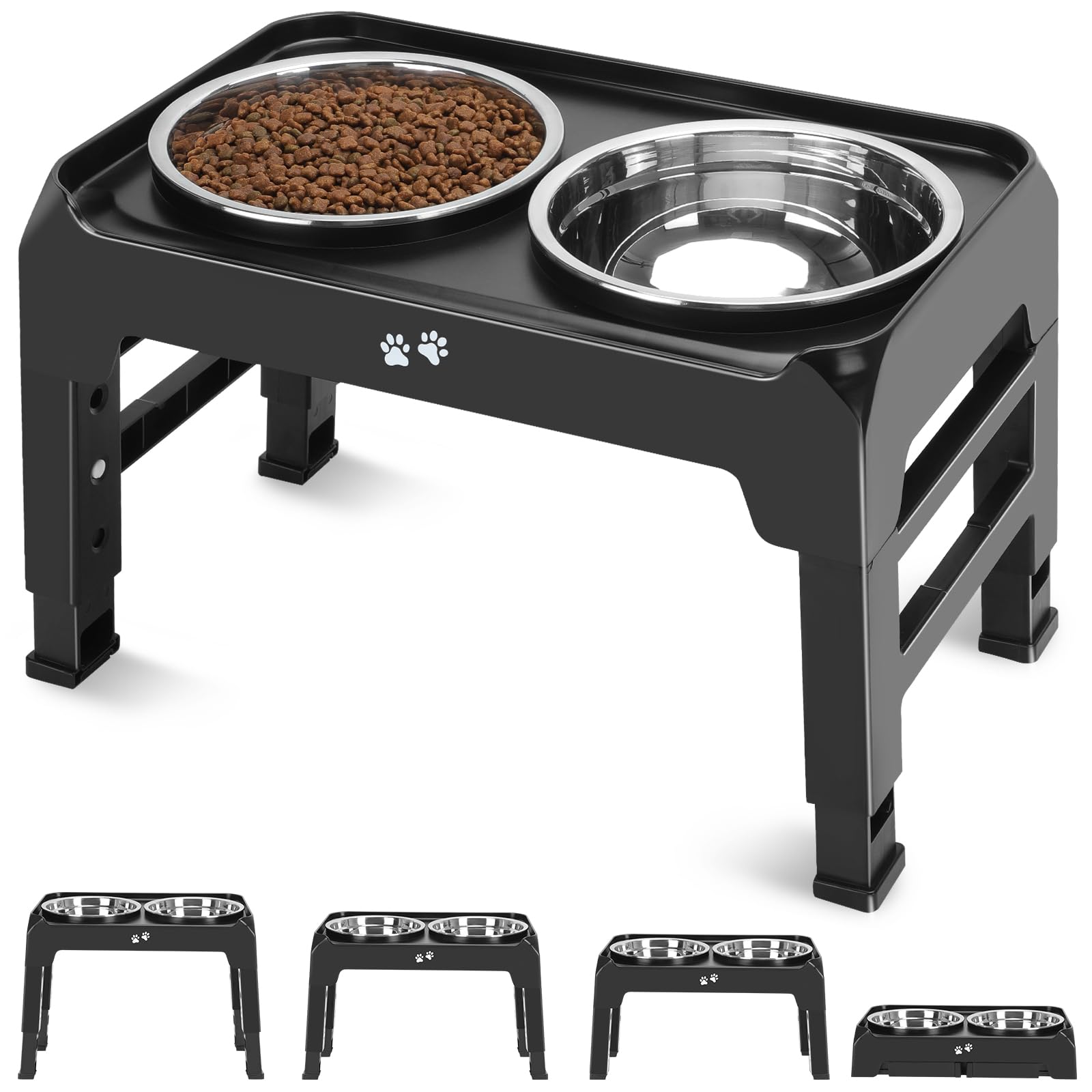 Elevated Dog Bowls, 4 Height Adjustable Raised Dog Bowl Stand with 2 Thick 50oz Stainless Steel Dog Food Bowls Non-Slip Dog Feeder for Large Medium Dogs Adjusts to 3.7", 9.2", 10.75", 12.36" Black