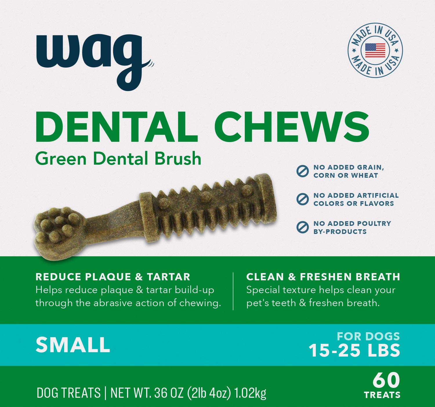 Amazon Brand - Wag Dental Dog Treats to Help Clean Teeth & Freshen Breath - Small, Unflavored, 2.25 pounds, 60 Count (Pack of 1)