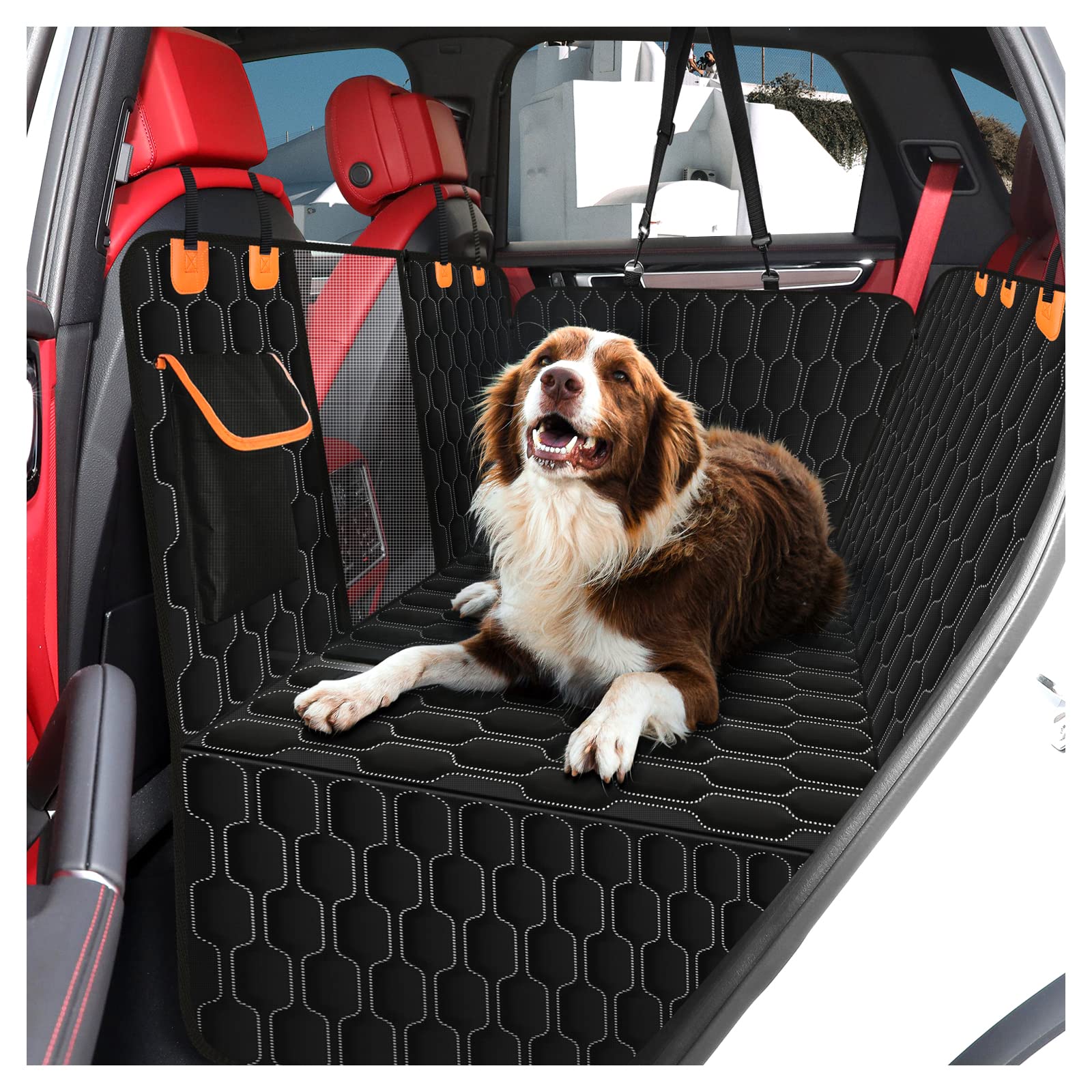 BIKAEIK Dog Car Seat Cover for Back Seat,Waterproof with Mesh Window and Storage Pocket,Durable Scratchproof Nonslip Rear Dog Car Hammock with Universal Size Fits for Car/Truck/SUV