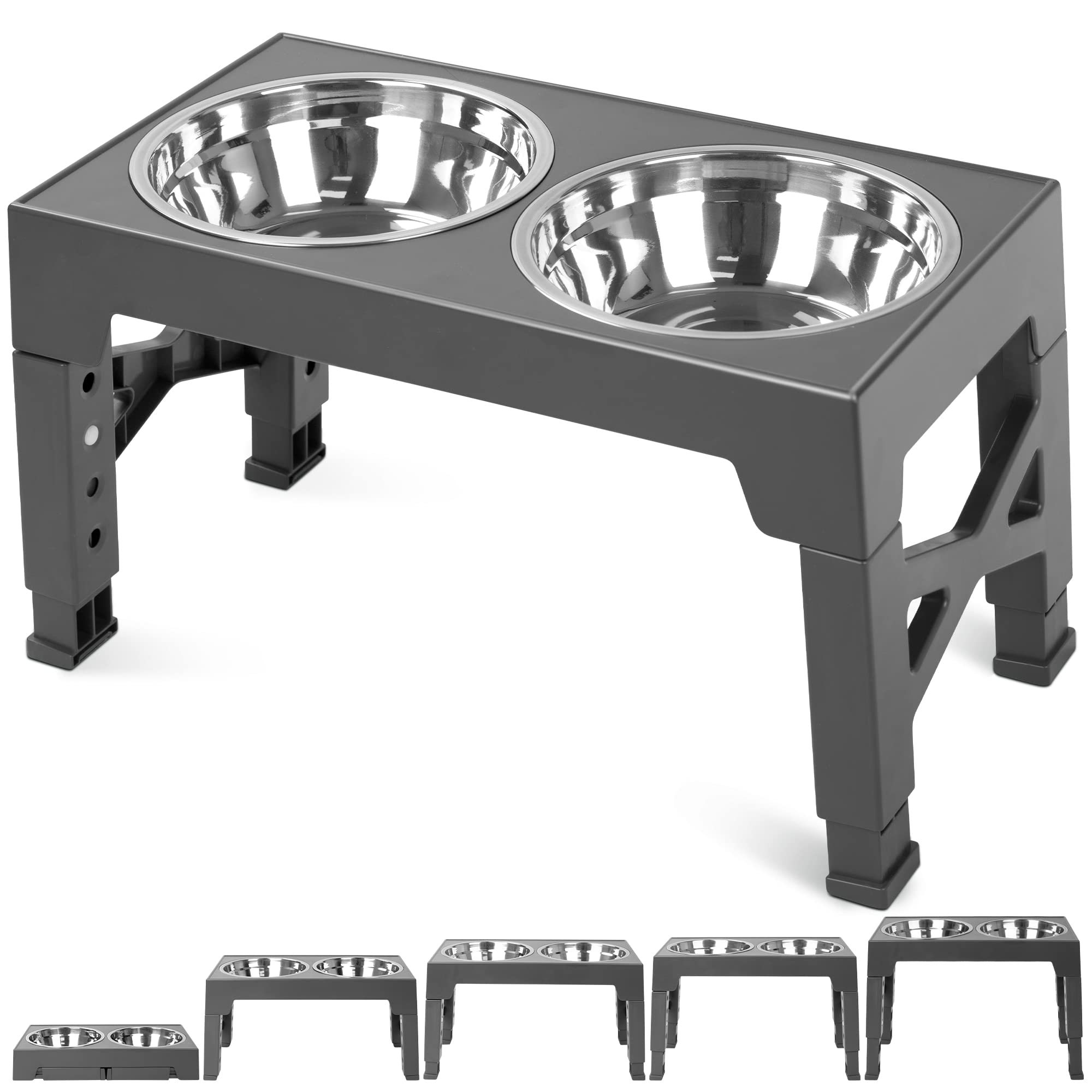 Niubya Elevated Dog Bowls with 2 Stainless Steel Dog Food Bowls, Raised Dog Bowl Adjusts to 5 Heights (3.15", 8.66", 9.84",11.02", 12.2") for Small Medium and Large Dogs