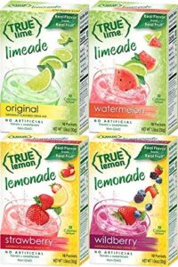 true citrus drink mix variety, strawberry lemonade, wildberry lemonade, original limeade, and watermelon limeade, 4 pack