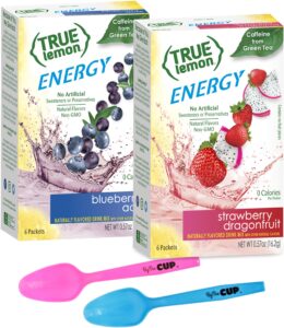 true lemon energy, blueberry acai & strawberry dragonfruit drink mix with by the cup mood spoons