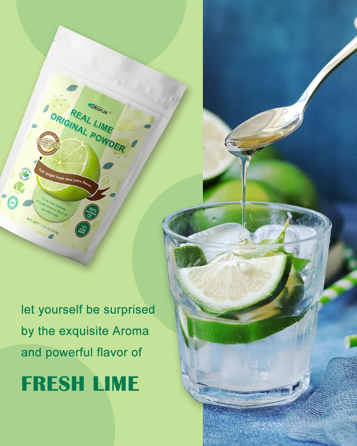 ORGFUN Original Lime Powder, Whole Lime Juice Freeze Dried Powder, Fresh Squeezed Lime Juice Prefer for Cocktails, Drinks, Smoothies, and Cooking 7.06 Oz