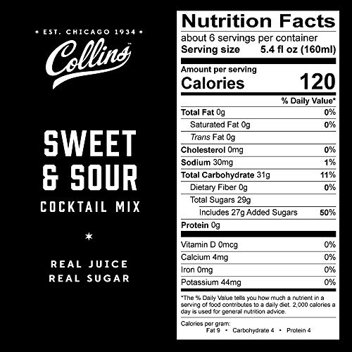 Collins Sweet and Sour Mix Made With Real Orange and Lemon Juice Classic Cocktail Recipe Ingredient, Home Bar Accessories Cocktail Mixers 32 fl oz