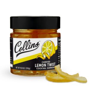 Collins Lemon Twist in Syrup Candied Citrus Peel - Popular Cocktail Garnish for Margarita, Martini, Lemon Drop, Old Fashioned Drinks, Peel for Baking - 10.9oz Jar