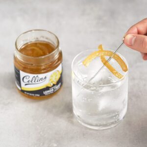 Collins Lemon Twist in Syrup Candied Citrus Peel - Popular Cocktail Garnish for Margarita, Martini, Lemon Drop, Old Fashioned Drinks, Peel for Baking - 10.9oz Jar