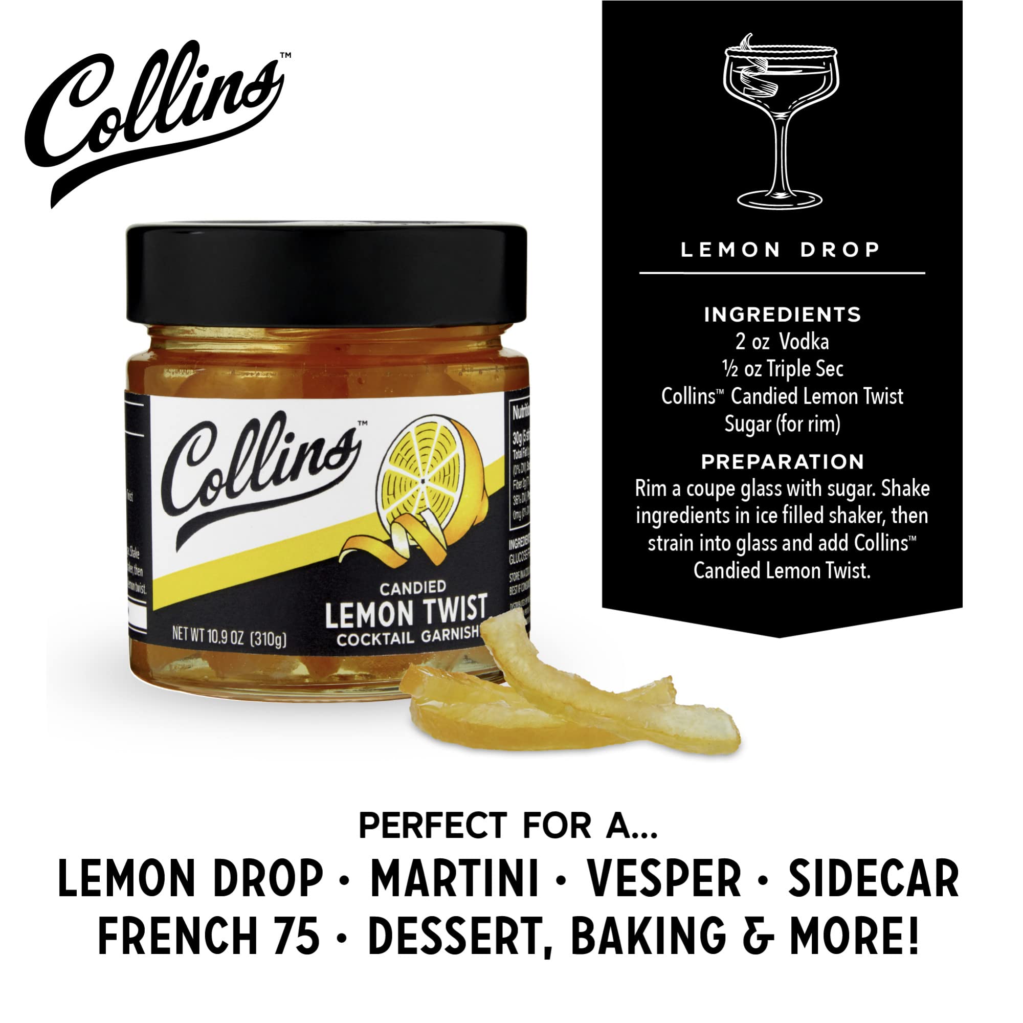 Collins Lemon Twist in Syrup Candied Citrus Peel - Popular Cocktail Garnish for Margarita, Martini, Lemon Drop, Old Fashioned Drinks, Peel for Baking - 10.9oz Jar