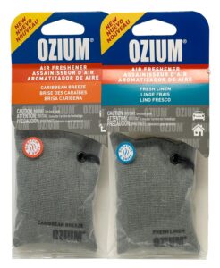 ozium scented sachet car air fresheners and odor eliminator for car, home closets, shoes, and suitcases (caribbean breeze + fresh linen, 2 packs combo kit)