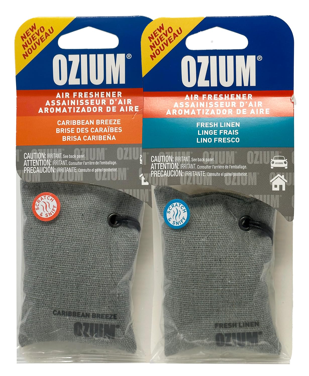 Ozium Scented Sachet Car Air Fresheners and Odor Eliminator for Car, Home Closets, Shoes, and Suitcases (Caribbean Breeze + Fresh Linen, 2 Packs Combo Kit)