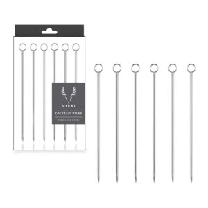 viski silver cocktail picks, set of 6 stainless steel drink picks, barware accessories, 4.25″