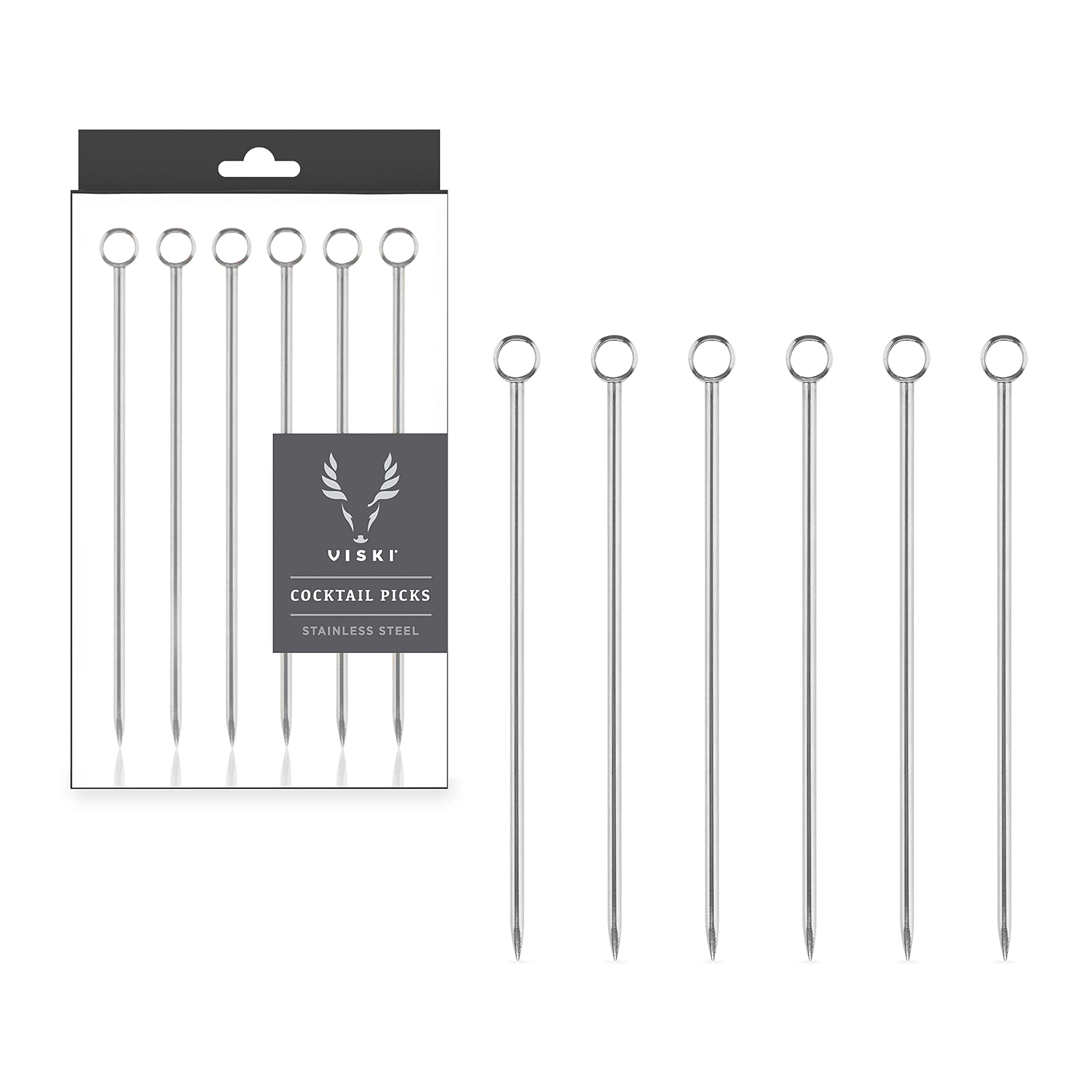 Viski Silver Cocktail Picks, Set of 6 Stainless Steel Drink Picks, Barware Accessories, 4.25″