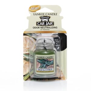 yankee candle car air fresheners, hanging car jar ultimate sage & citrus scented, neutralizes odors up to 30 days, gray