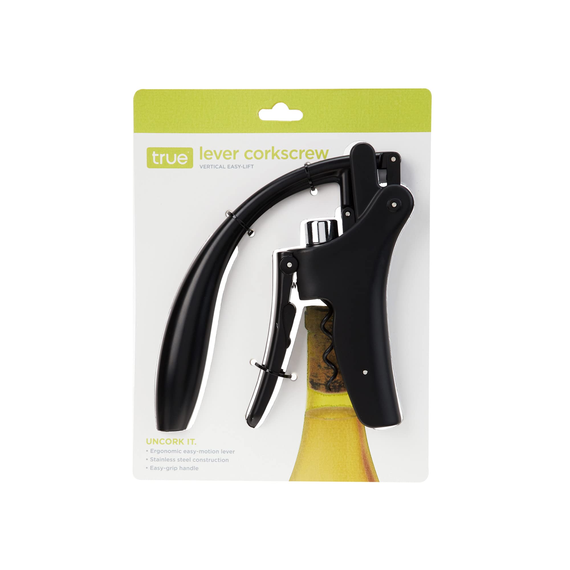 True Lever Corkscrew Vertical Wine Opener, Two-Motion Ergonomic Handle, Non-Stick Worm Black (10186)