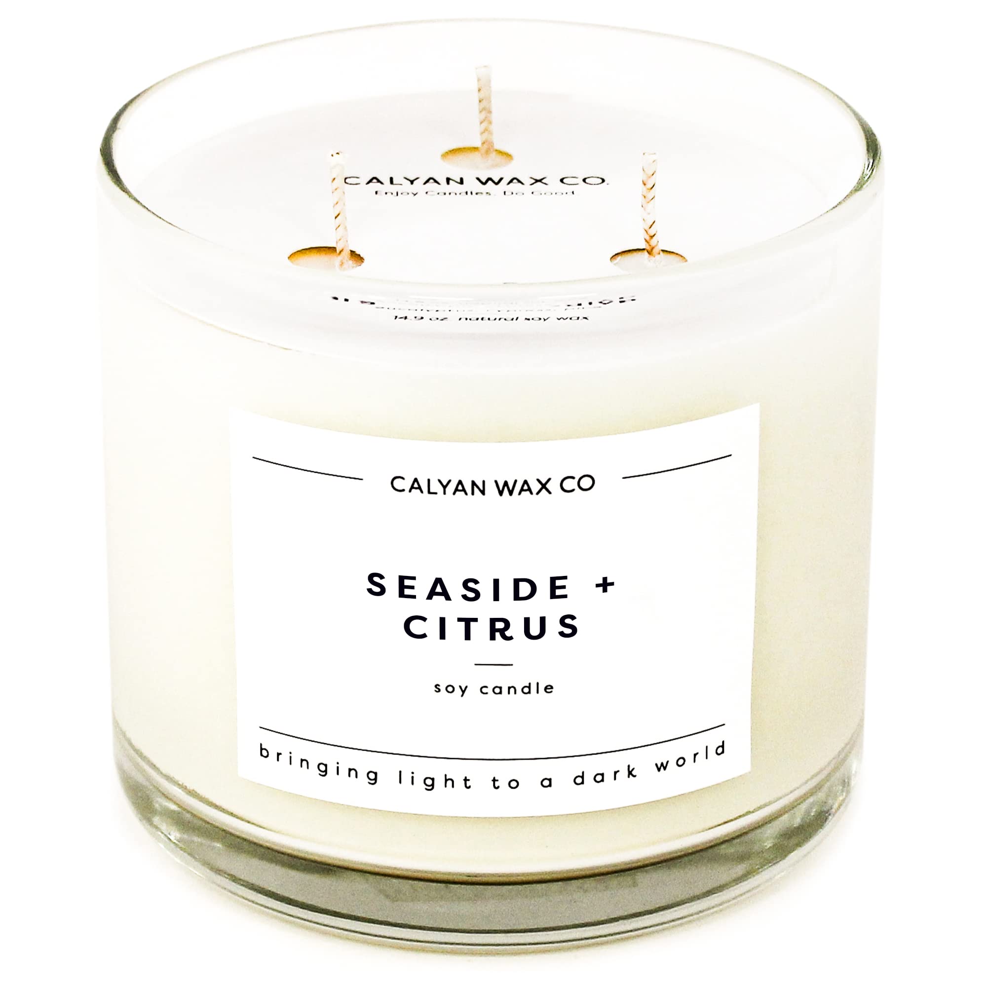 Calyan Wax Scented Candle, Seaside & Citrus, 3 Wick Candle for The Home Scented with Lemon & Cedarwood, 14.9 oz Soy Wax Candle with 43 Hour Burn Time, Non Toxic Large Candle in Glass Jar, Candle Gift