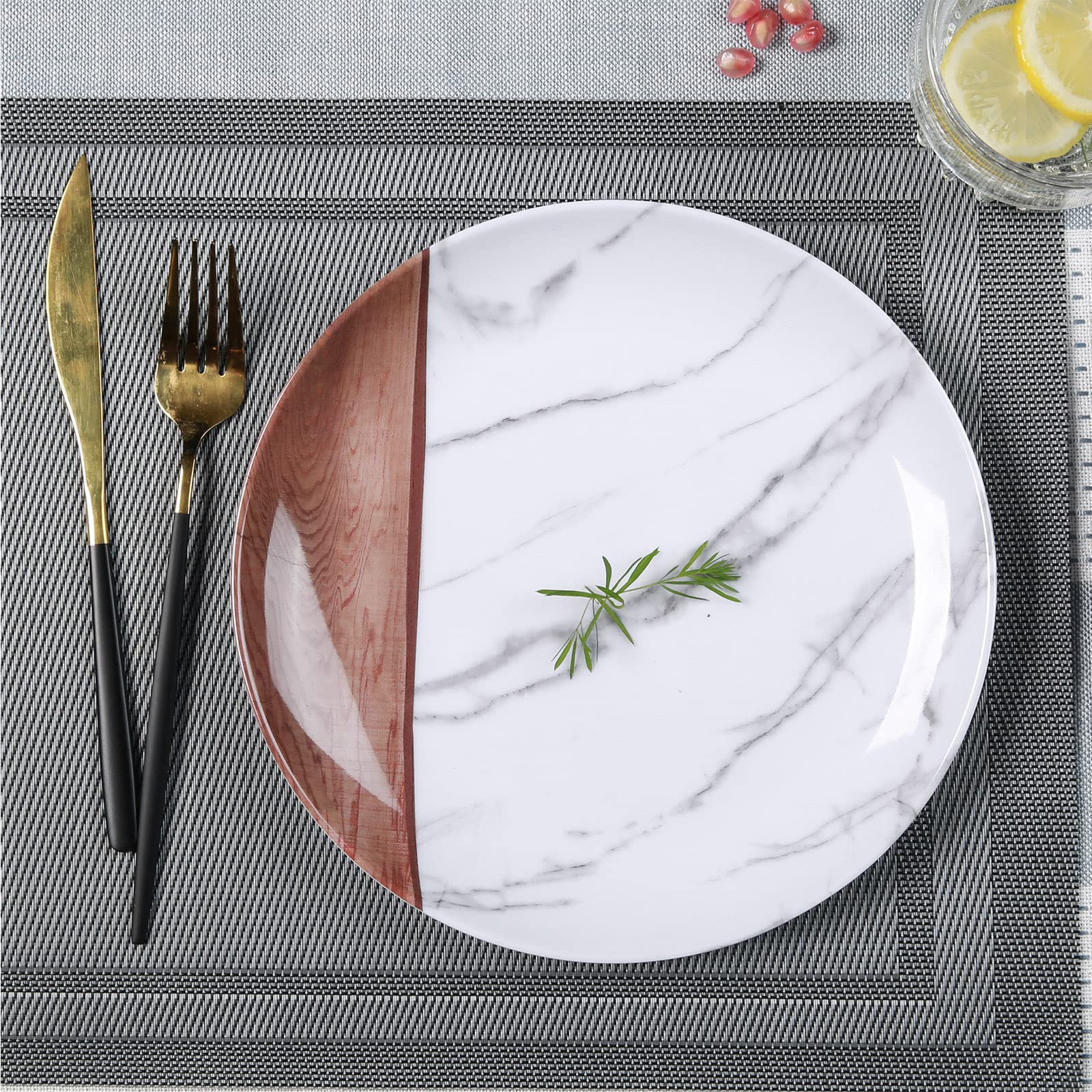 Melamine Dinnerware Sets for 4, 12-Pieces Plates and Bowls Sets, Unbreakable BPA Free, Suitable Indoors and Outdoors, Marble and Wood Color