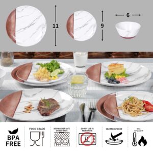 Melamine Dinnerware Sets for 4, 12-Pieces Plates and Bowls Sets, Unbreakable BPA Free, Suitable Indoors and Outdoors, Marble and Wood Color