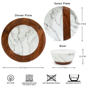 LEHAHA Rustic Modern Melamine Dinnerware Sets, Marble 12-Piece Lightweight Outdoor Plates and Bowls Sets, Unbreakable Wood Patterns Dishes Dinnerware Set, Service for 4…