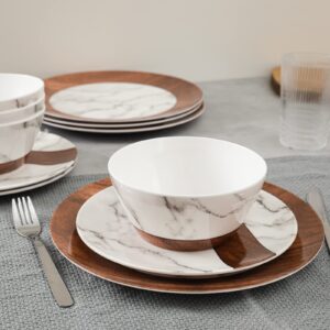 LEHAHA Rustic Modern Melamine Dinnerware Sets, Marble 12-Piece Lightweight Outdoor Plates and Bowls Sets, Unbreakable Wood Patterns Dishes Dinnerware Set, Service for 4…