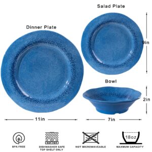 LEHAHA Melamine Dinnerware Sets, Dishes Sets for 4, 12 Piece Plates and Bowls Sets, Unbreakable BPA Free Reactive Blue Ceramic Design Plates Set for Indoor and Outdoor Use, Dishwasher Safe