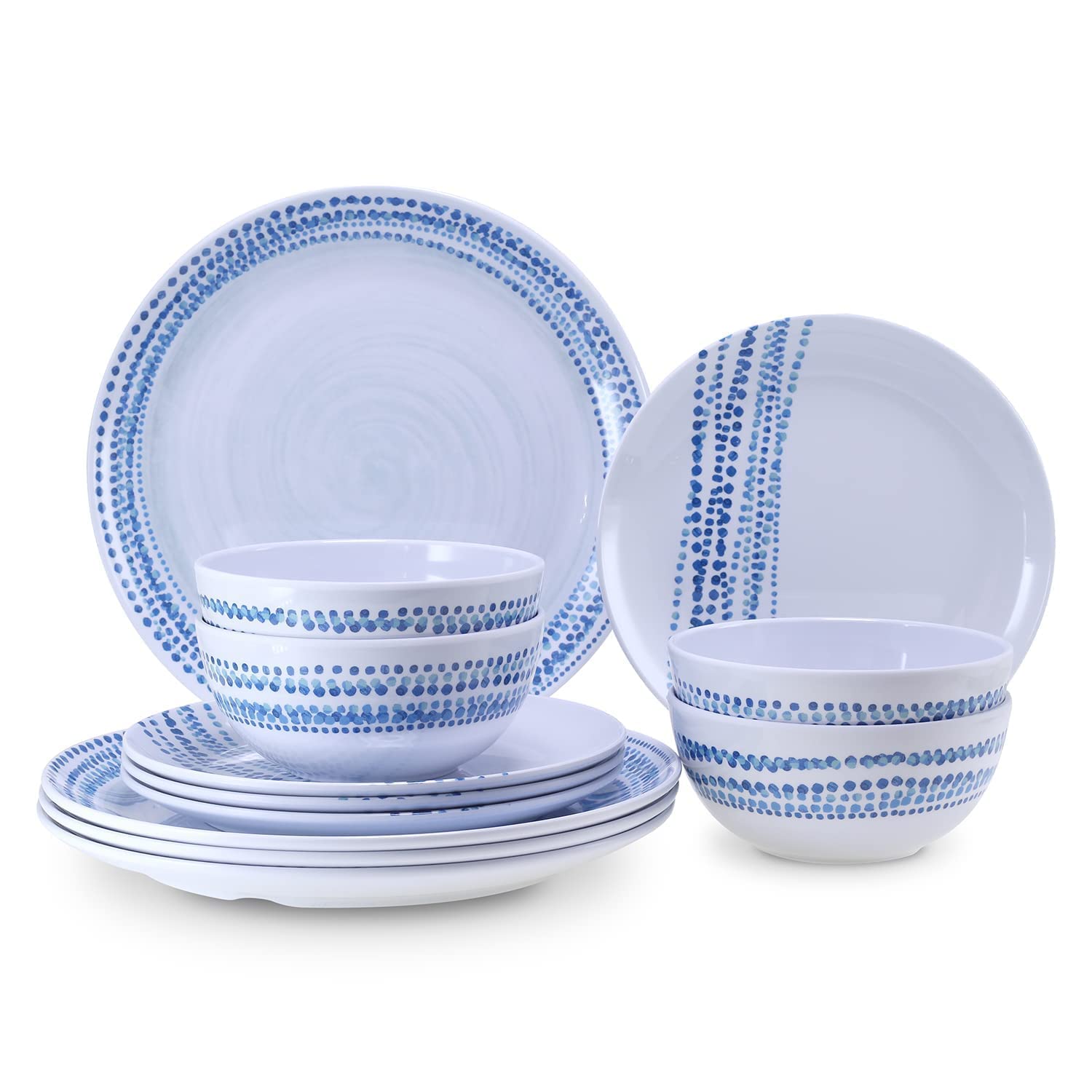 Melamine Dinnerware Sets, 12Pcs Plates and Bowls Sets Dinnerware Sets for 4 Indoor and Outdoor Use Dishwasher Safe Raindrops Design