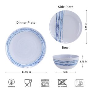 Melamine Dinnerware Sets, 12Pcs Plates and Bowls Sets Dinnerware Sets for 4 Indoor and Outdoor Use Dishwasher Safe Raindrops Design