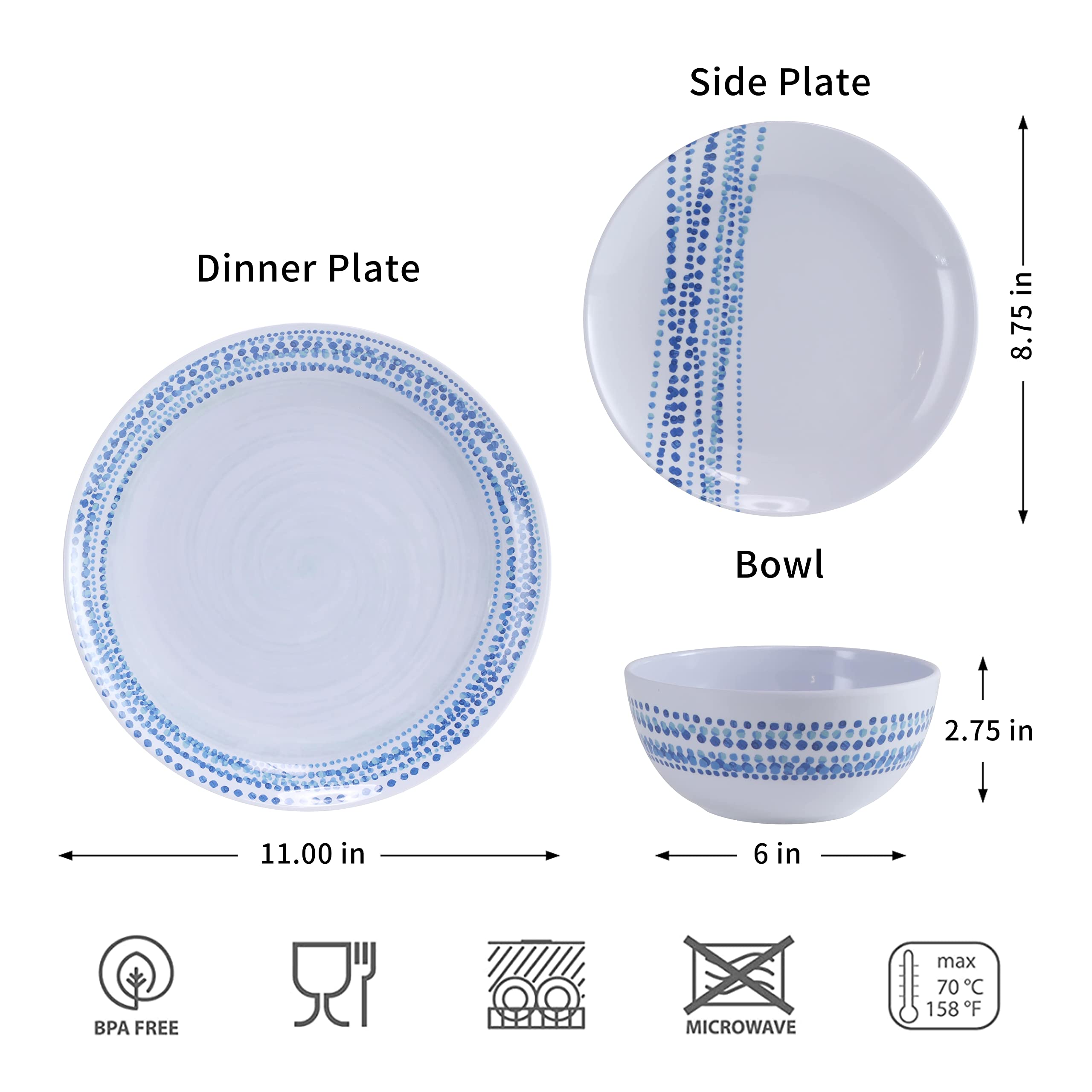 Melamine Dinnerware Sets, 12Pcs Plates and Bowls Sets Dinnerware Sets for 4 Indoor and Outdoor Use Dishwasher Safe Raindrops Design