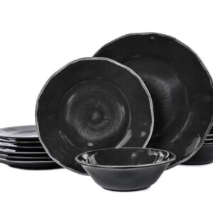 Gofunfun 12 Pcs Melamine Dinnerware Set, Plates and Bowls Sets Service for 4, Indoor and Outdoor Use Set of 12 Black