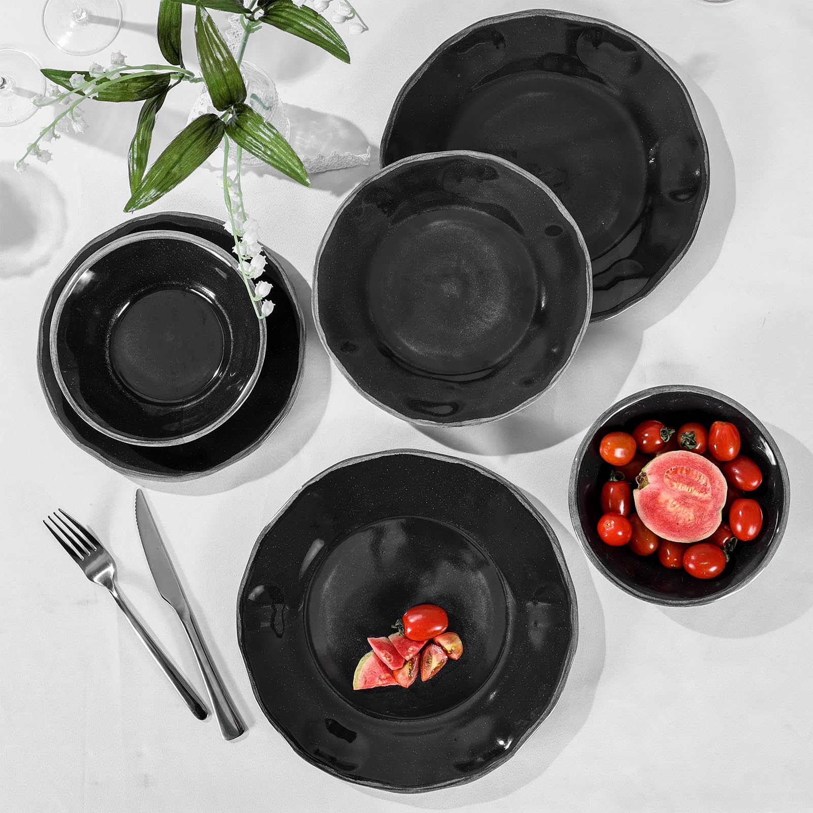 Gofunfun 12 Pcs Melamine Dinnerware Set, Plates and Bowls Sets Service for 4, Indoor and Outdoor Use Set of 12 Black