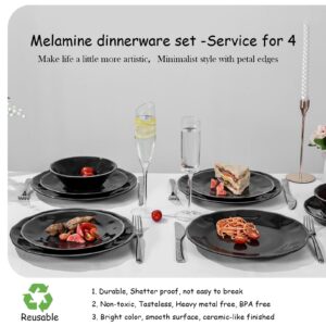 Gofunfun 12 Pcs Melamine Dinnerware Set, Plates and Bowls Sets Service for 4, Indoor and Outdoor Use Set of 12 Black