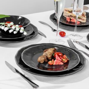 Gofunfun 12 Pcs Melamine Dinnerware Set, Plates and Bowls Sets Service for 4, Indoor and Outdoor Use Set of 12 Black