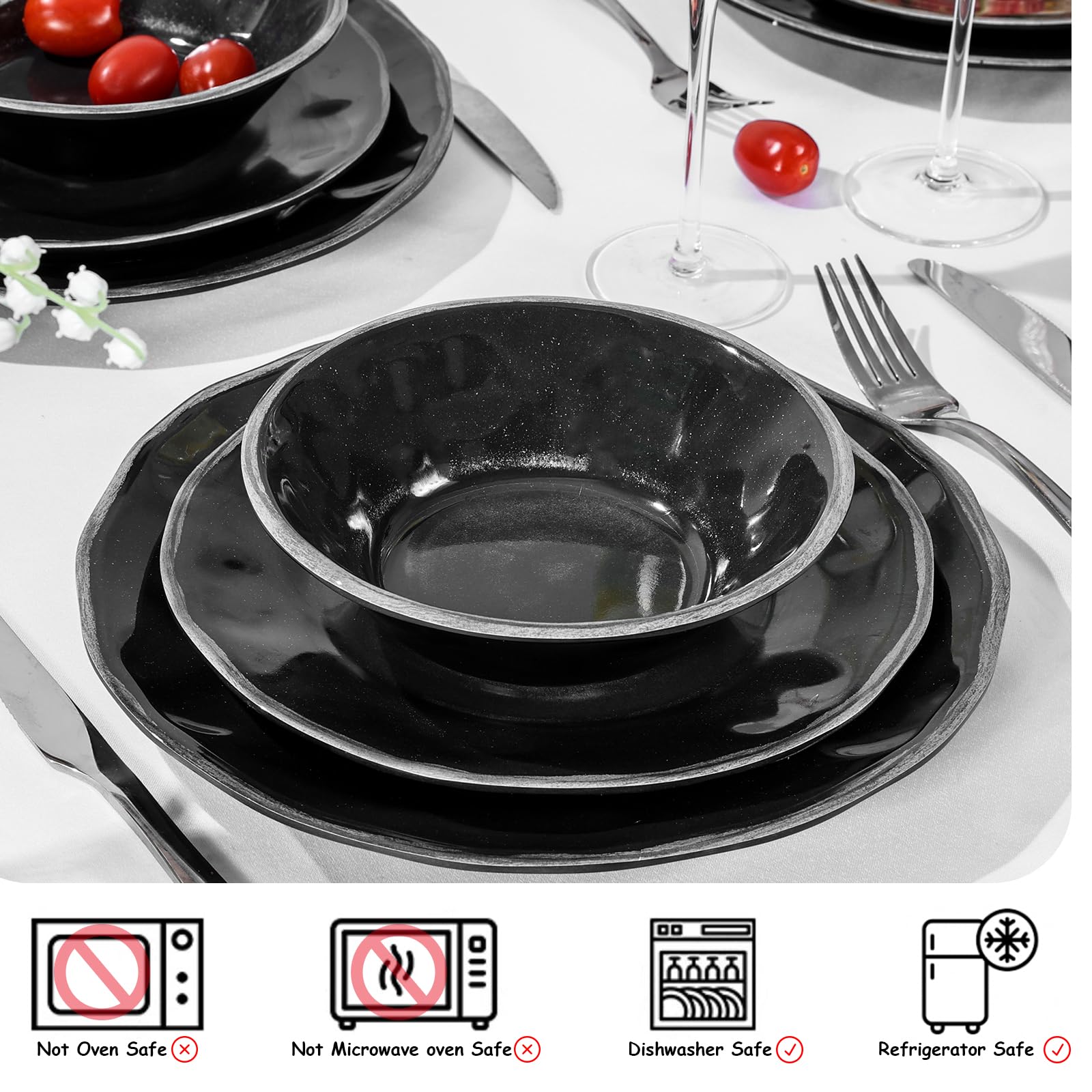 Gofunfun 12 Pcs Melamine Dinnerware Set, Plates and Bowls Sets Service for 4, Indoor and Outdoor Use Set of 12 Black